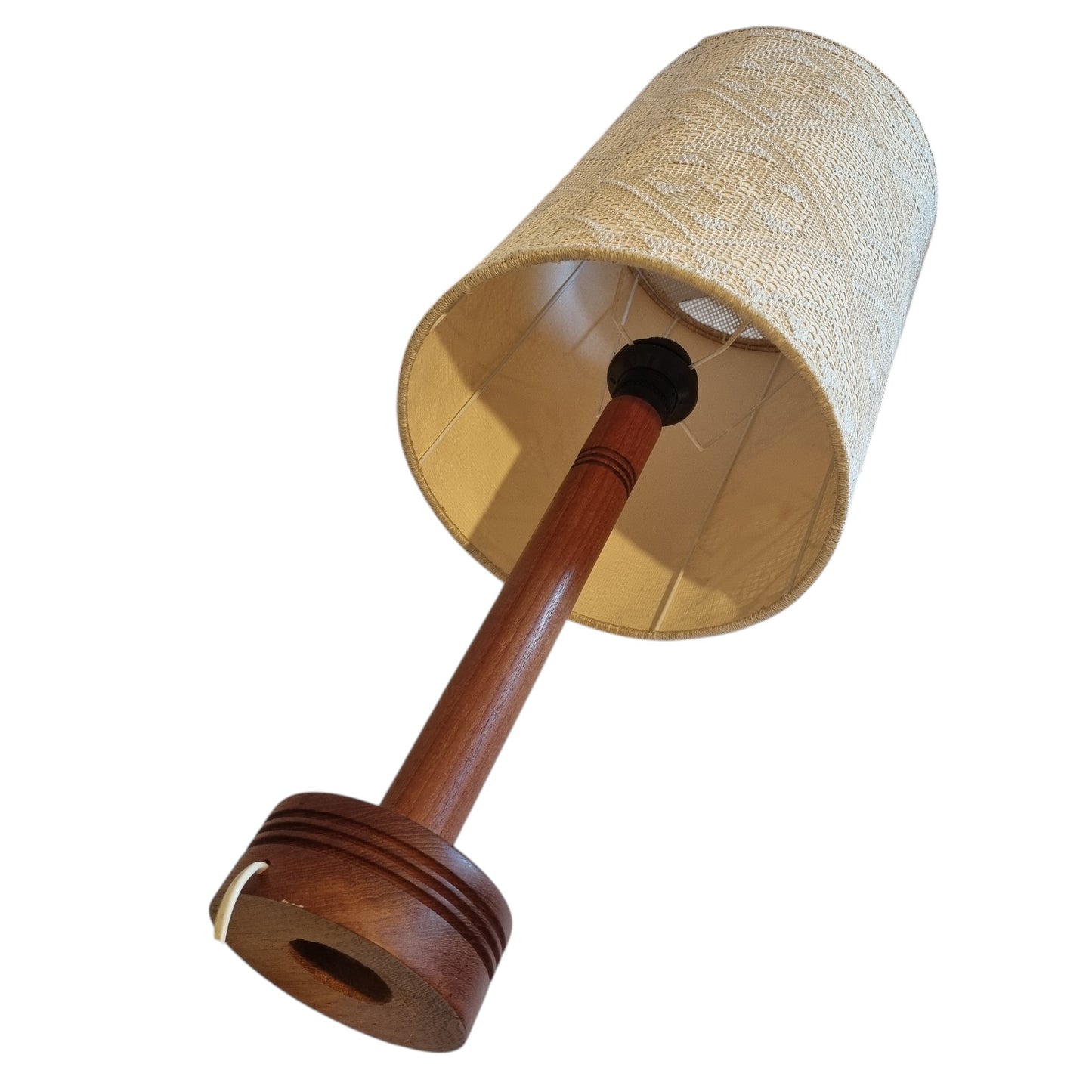 Teak Table Lamp Woven Lace Shade Scandinavian Mid Century 1960s
