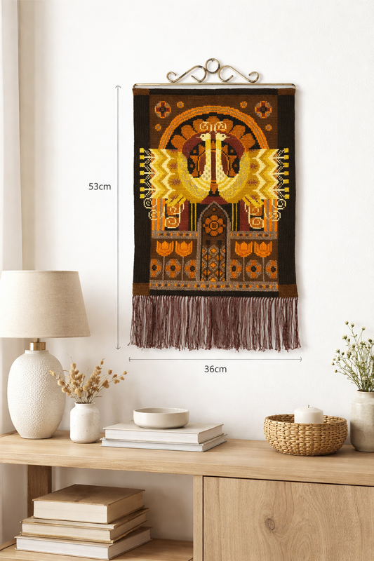 Wool Wall Hanging Folk Art Birds Arch Fringe – Scandinavian 1970s vintage decor with timeless charm and Nordic folk art style