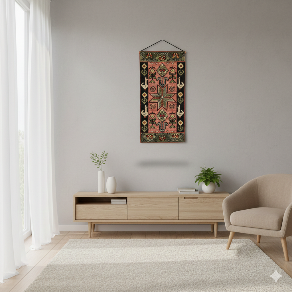 Vintage Swedish Folk Wall Tapestry – Handwoven Wool Textile