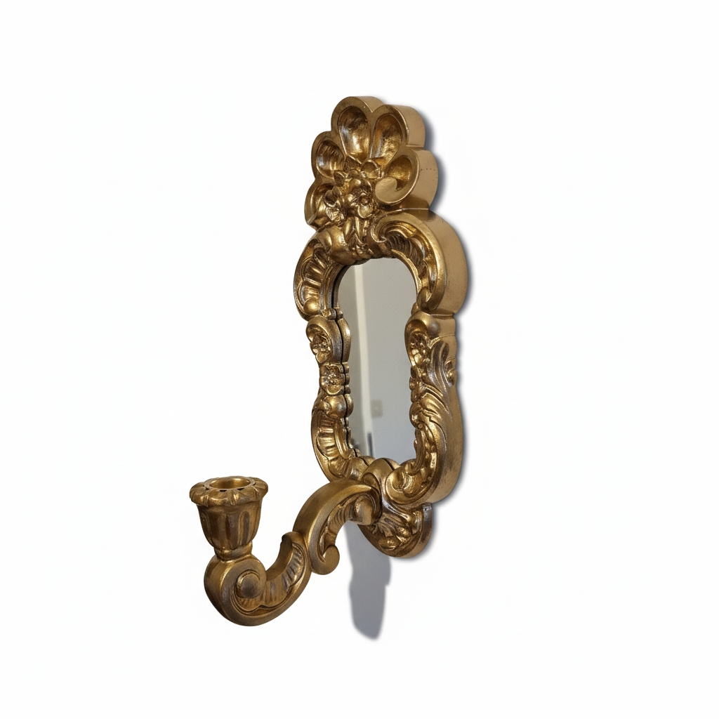 Antique Swedish Wall Decor | Decorative Mirror - Gilded Metal Sconce Set | Rustic Elegance