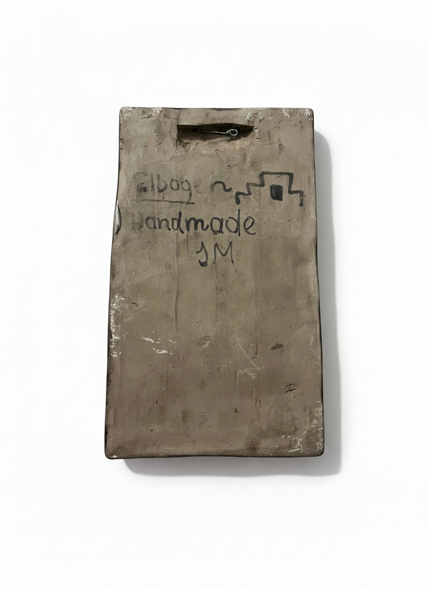 Back view of Swedish Ceramic Wall Plaque – Girl Relief, Signed JM, Mid-Century with handmade marking and mounting hook, timeless charm