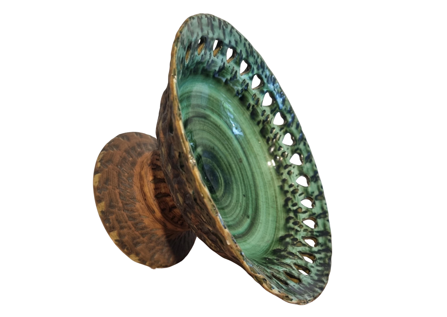 Mid Century Modern Green Ceramic Bowl: Tolla Keramik Heart Cutout Candle Holder with textured green glaze and heart-shaped cutouts