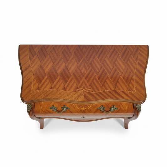 Vintage Console Chest of Drawers in Louis XV Style, Intarsia Veneer, Brass Hardware