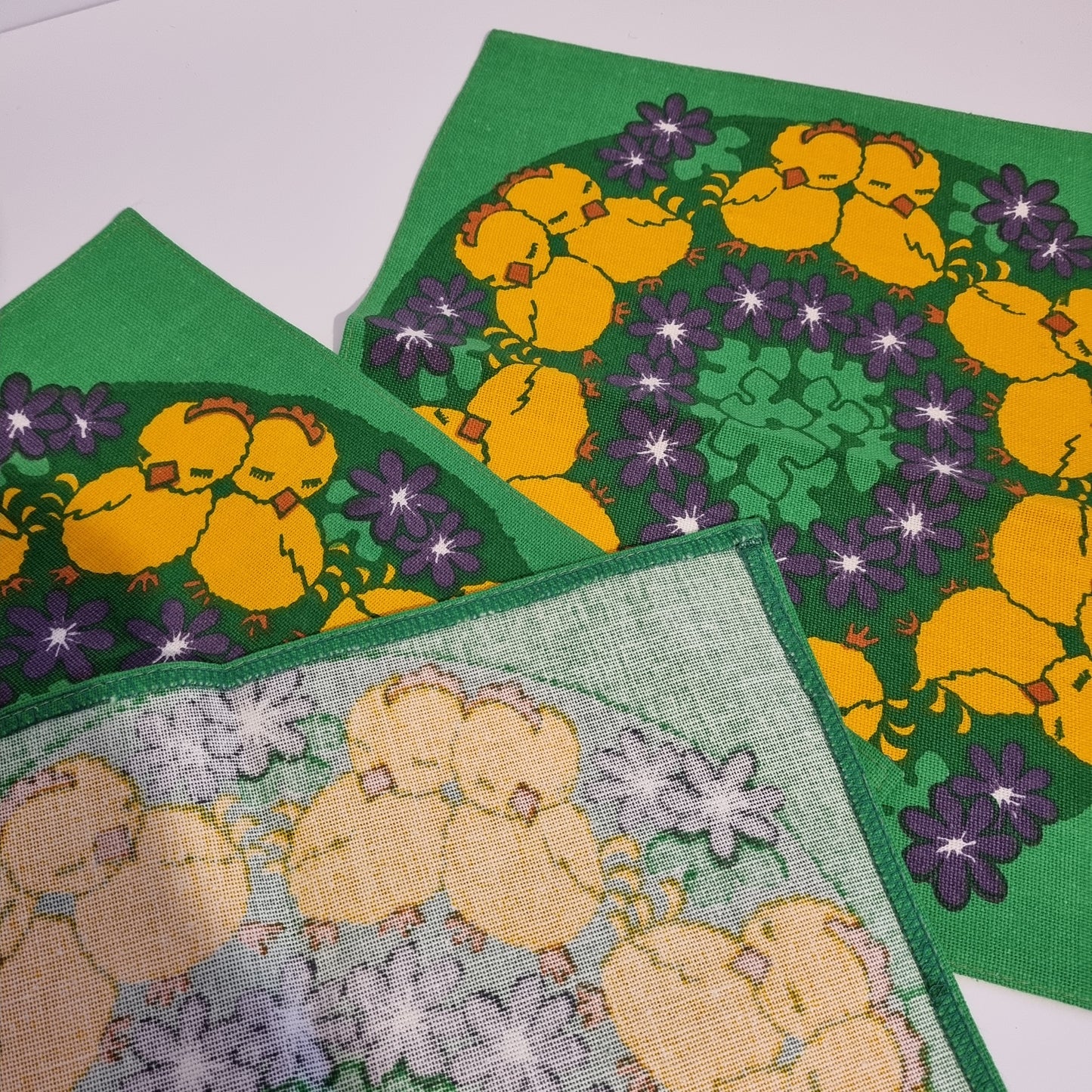Vintage Easter cotton cocktail napkins – set of 3 featuring yellow chicks and purple flowers, authentic vintage, timeless charm.