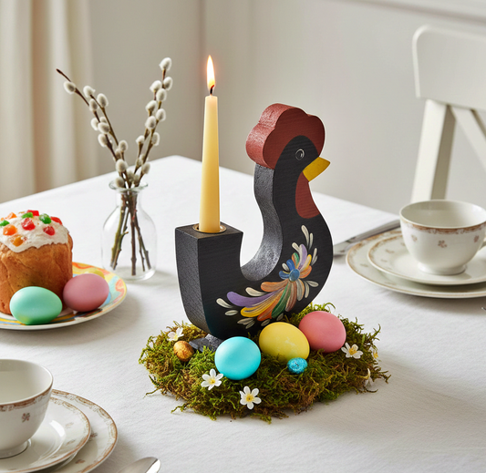 Vintage Hand-Painted Wooden Rooster Candle Holder – Scandinavian Folk Art Easter Decor