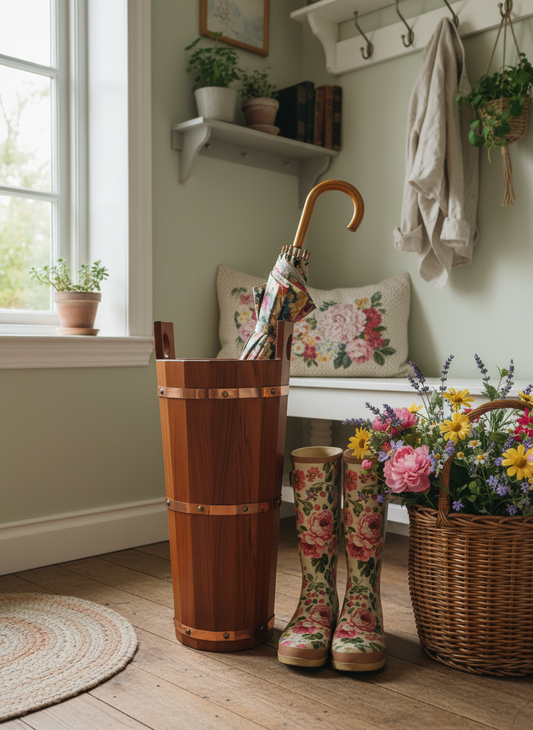 Vintage Wooden Umbrella Stand, Barrel Style, Rustic Entryway Decor, Leather Crest Detail