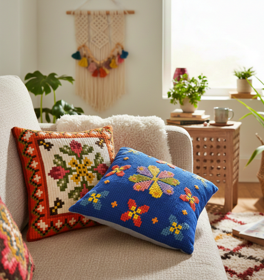 Vintage Hand Embroidered Needlepoint Cushion – Scandinavian Folk Floral Pattern, Retro Colour Pop Pillow