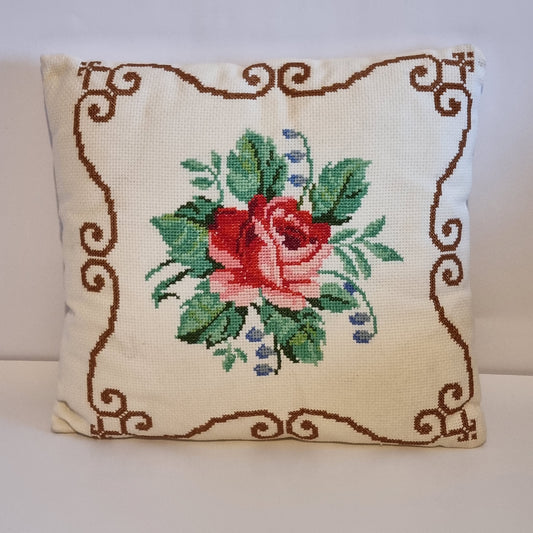 Vintage Hand Embroidered Pillow – Cross Stitch Cushion with Roses – Colorful Boho Home Decor