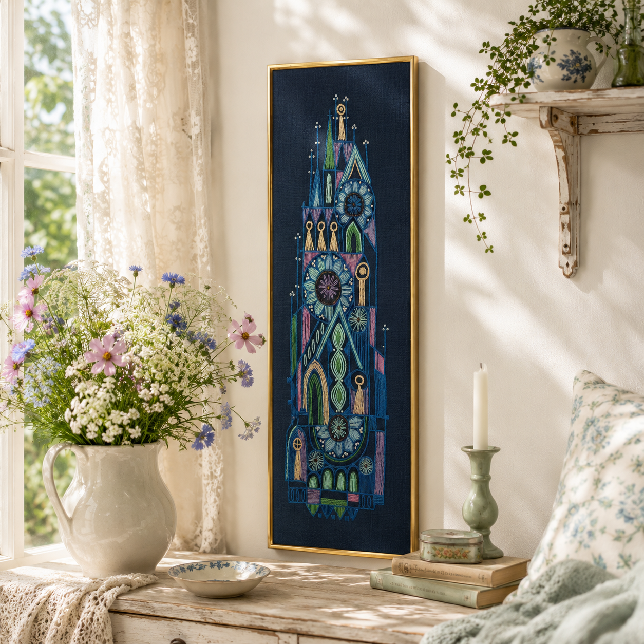 Vintage Scandinavian hand-embroidered textile wall art – Gothic cathedral motif on navy blue linen, gold frame, mid-century Nordic folk art