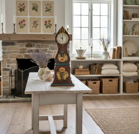 Vintage Swedish Mora-Style Wooden Clock – Hand-Painted Rosemaling Folk Art