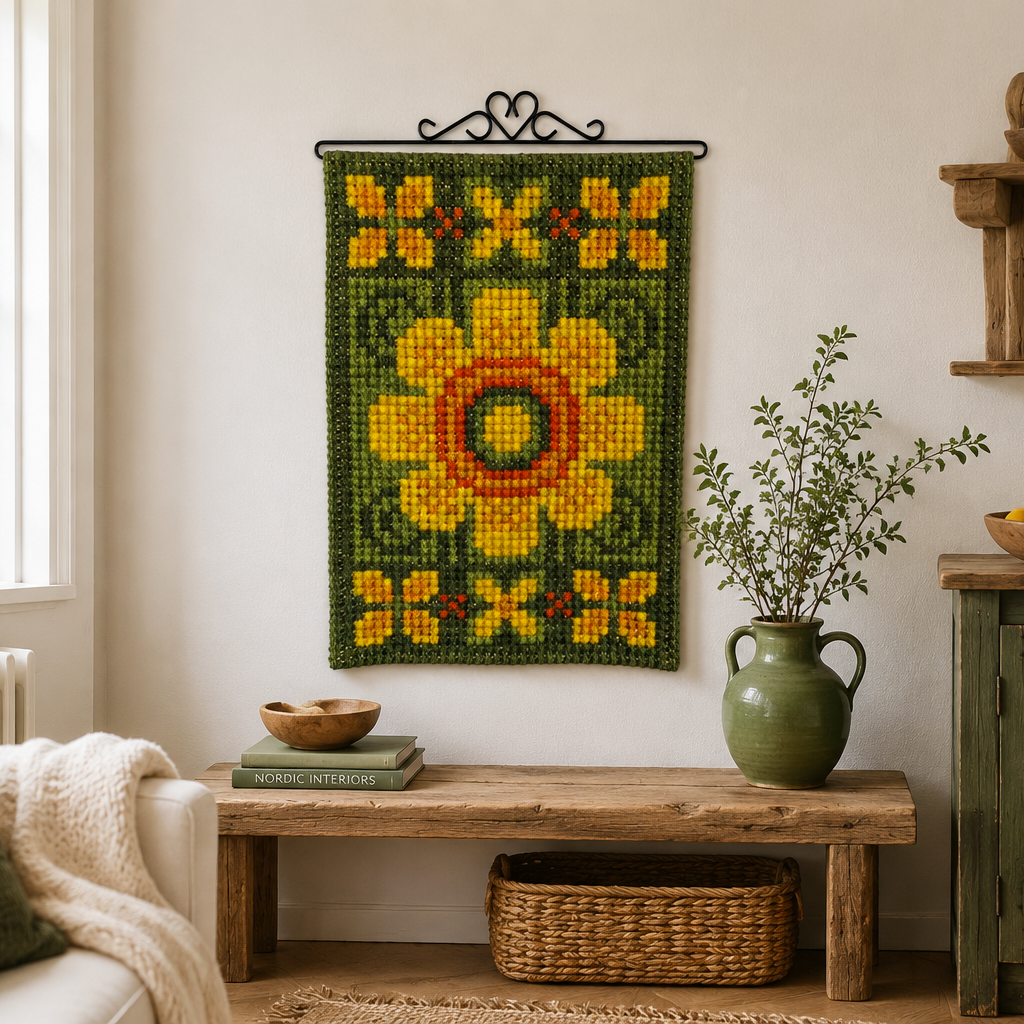 Vintage Swedish Wool Embroidery Sunflower Wall Hanging
