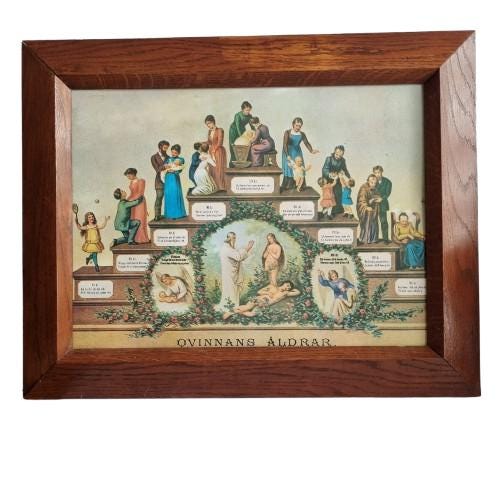 Antique Swedish Lithograph: Woman's Life Stages, Circa 1900