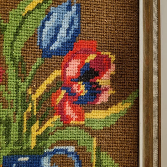 Vintage 1960s Scandinavian Needlepoint Floral Still Life in Wooden Frame - Hand-Stitched Wall Art