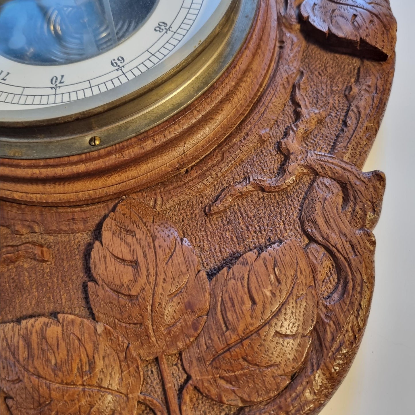 Mid-Century Wall Barometer – Hand-Carved Wood, Carl Marcus Hamburg, Germany 1950s showing detailed leaf carvings in vintage wood frame