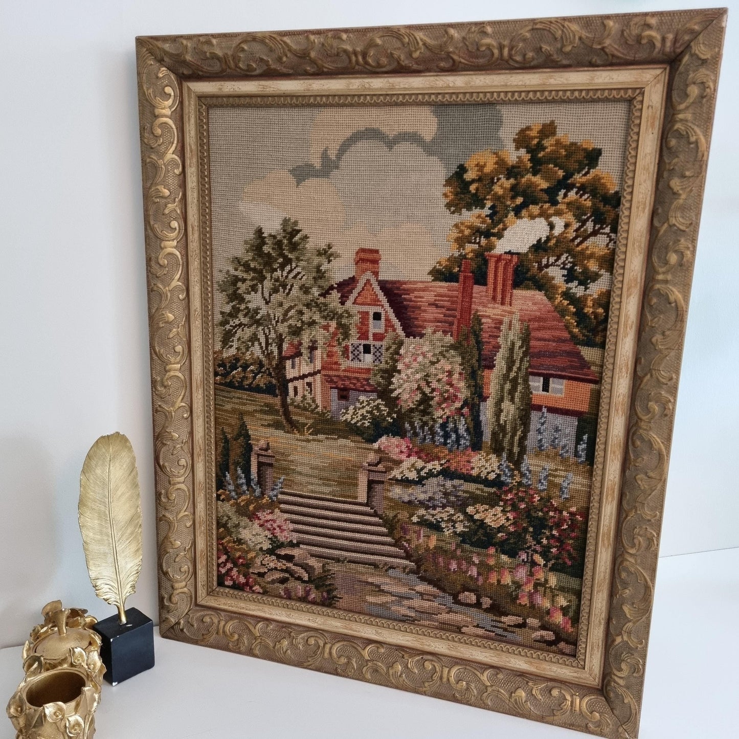 Antique Wool Needlepoint Tapestry in Gilded Baroque Frame - Victorian Cottage Scene