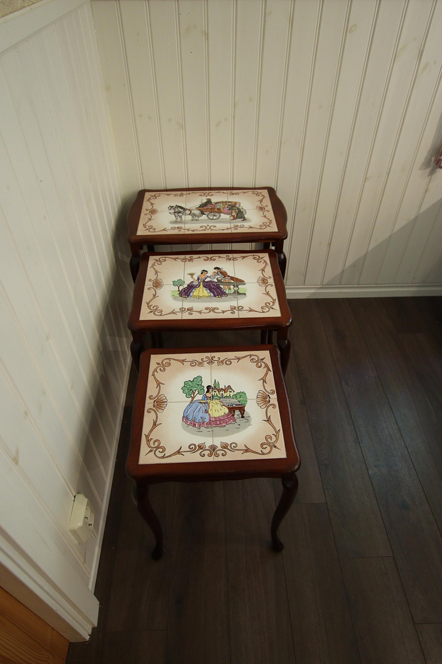 Rococo Nesting Tables: Hand-Painted Ceramic Tiles, 1960s Swedish Design