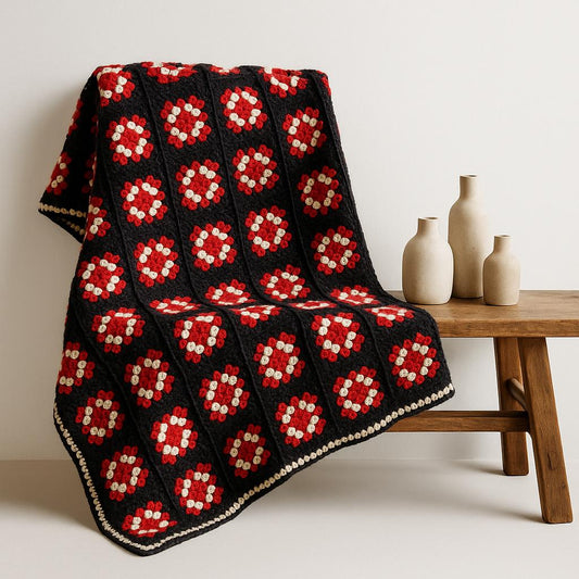 Vintage Crochet Granny Square Blanket: Handmade Wool Throw, Retro Boho Decor
