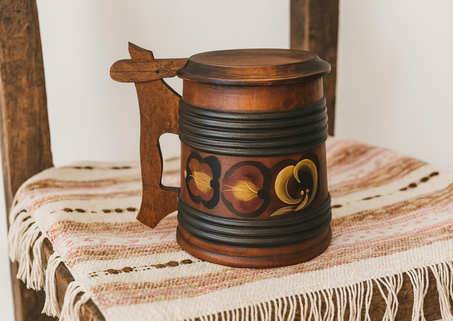 Vintage Hand Painted Rosemåling Mug: Swedish Folk Art Wooden Beer Stein