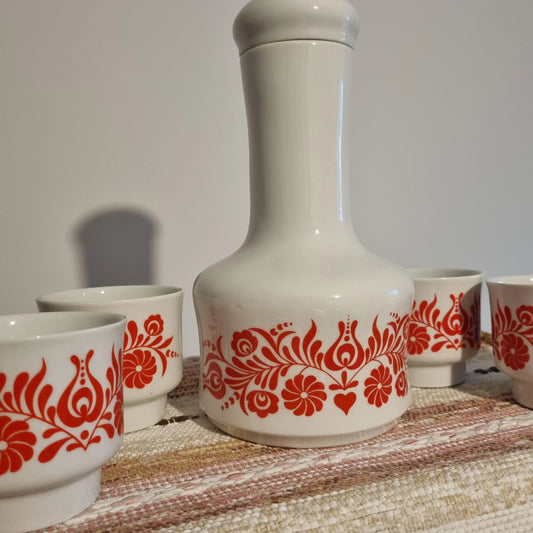 Vintage Alföldi Porcelain Wine Set: Hungarian Folk Art Decanter & Cups