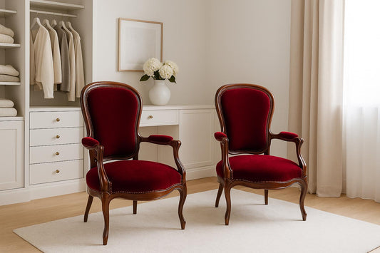 Vintage French Baroque Louis XV Armchairs – Rococo Revival Red Velvet Chairs