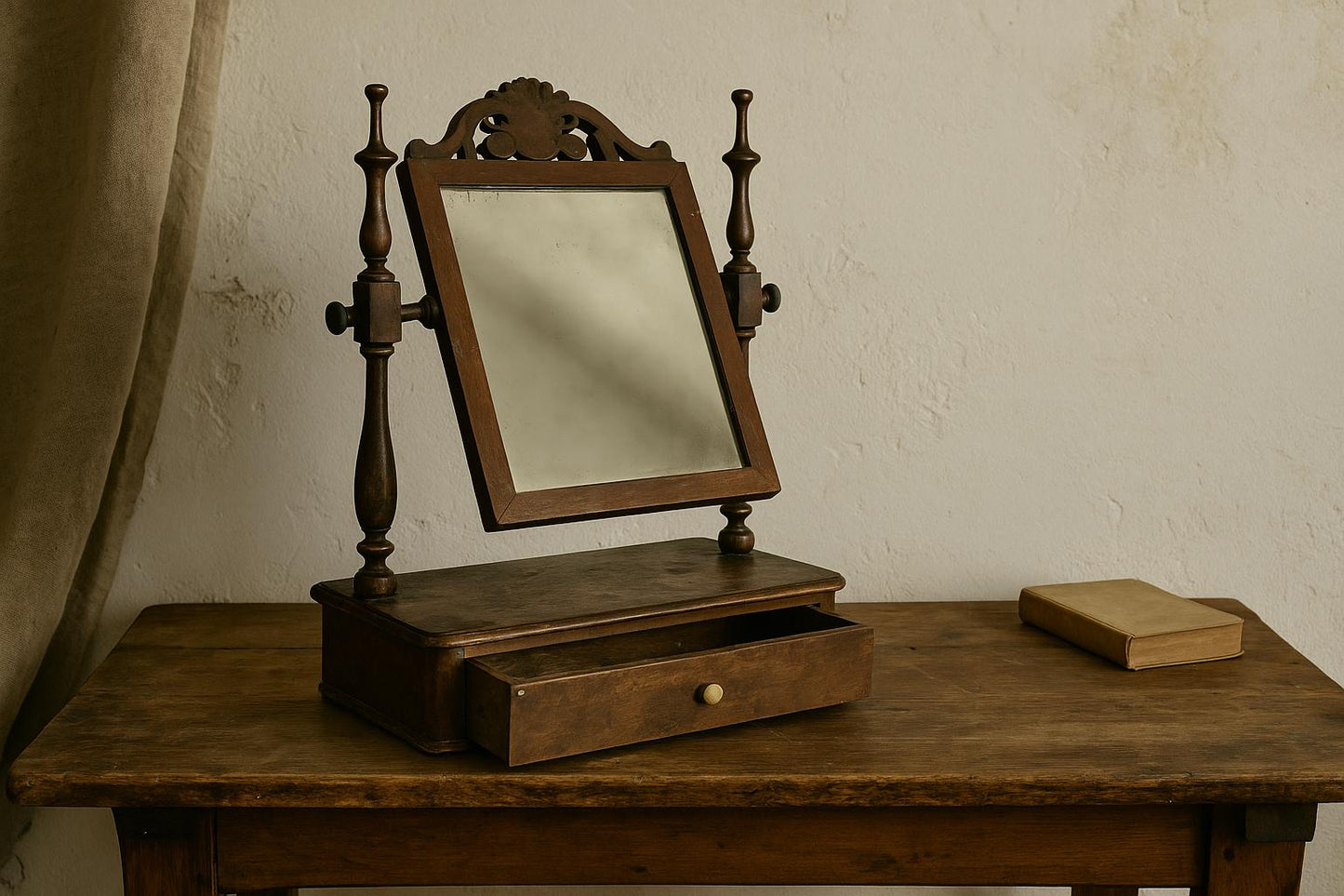 Antique Swedish Shaving Mirror: Turned Wood Swivel Stand & Drawer