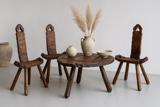 Rustic Wood Chair & Table - Sculptural Seating with a Folk Art Twist