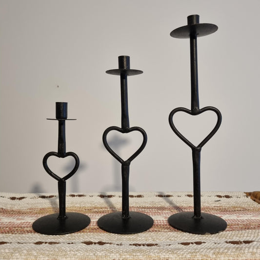 Mid Century Wrought Iron Candle Holders – Scandinavian Heart Shaped Forged Candleholder Set (3 pcs)
