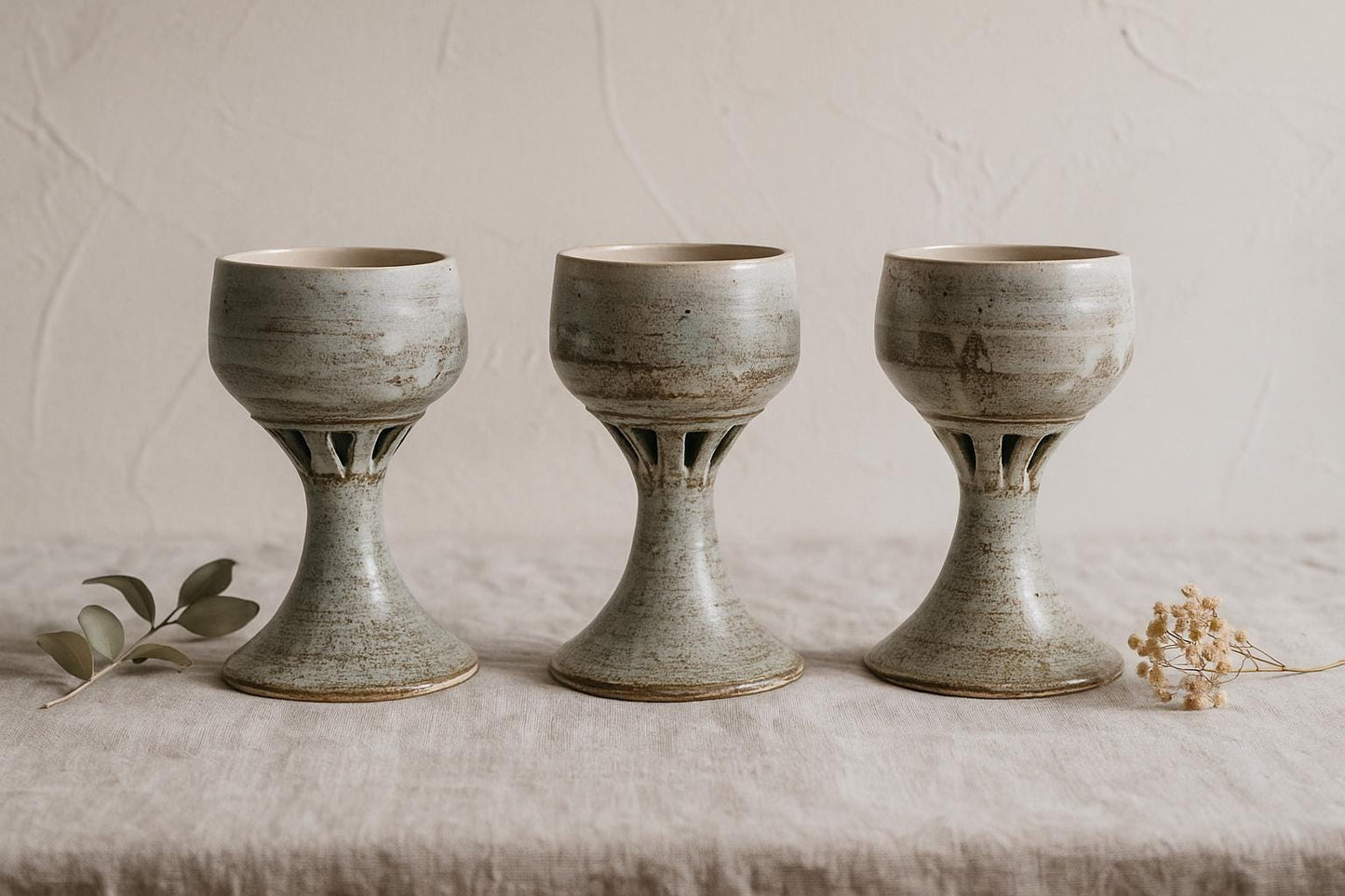 Brutalist Scandinavian Ceramic Goblets - Signed Studio Pottery Set of 3