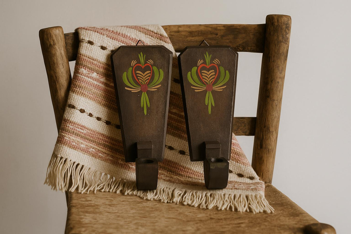 Vintage Hand-Painted Swedish Candle Sconces: Rustic Nordic Folk Art Pair