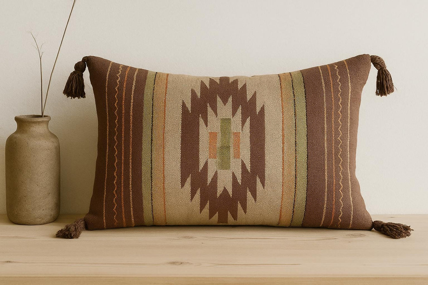 Handwoven Scandinavian Pillow Cover: Brown & Orange Geometric Cushion