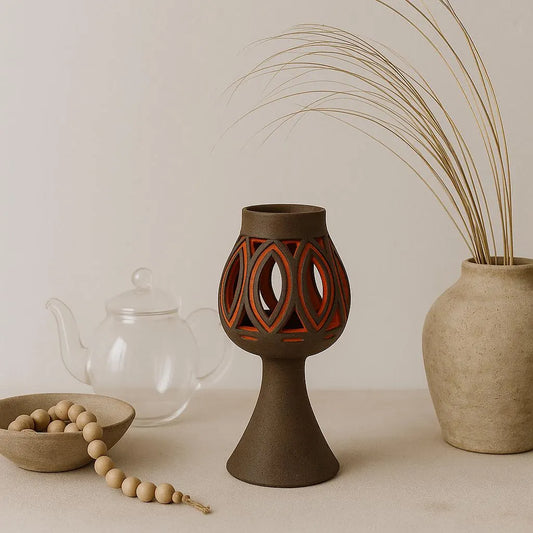 Vintage Swedish Pottery Candle Holder – Torsebo Design, Red Glaze Cut-Out Lantern, 1960s