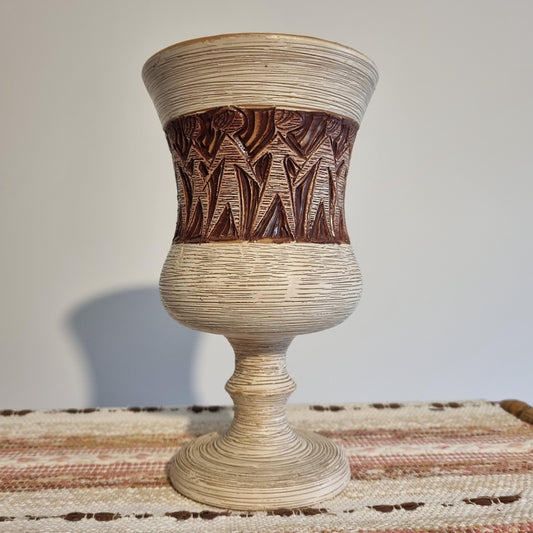 Vintage Swedish Studio Pottery Chalice: Brutalist Ceramic Vase, Tribal Motif