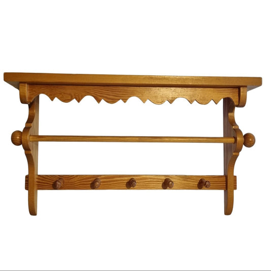 Rustic Pine Wall Shelf with Peg Hooks & Towel Bar: Farmhouse Kitchen Organizer