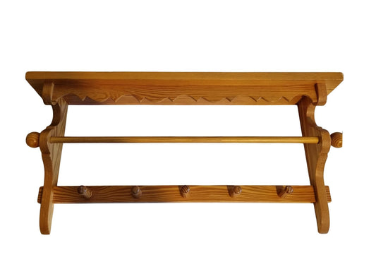 Rustic Pine Wall Shelf with Peg Hooks & Towel Bar: Farmhouse Kitchen Organizer