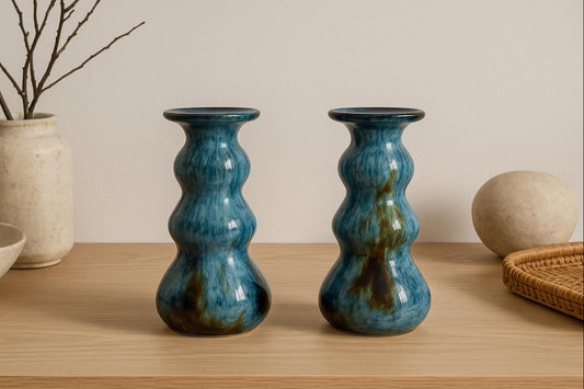 Vintage Swedish Ceramic Candle Holders – Guldkroken Hjo – Blue Brown Drip Glaze Mid Century Modern