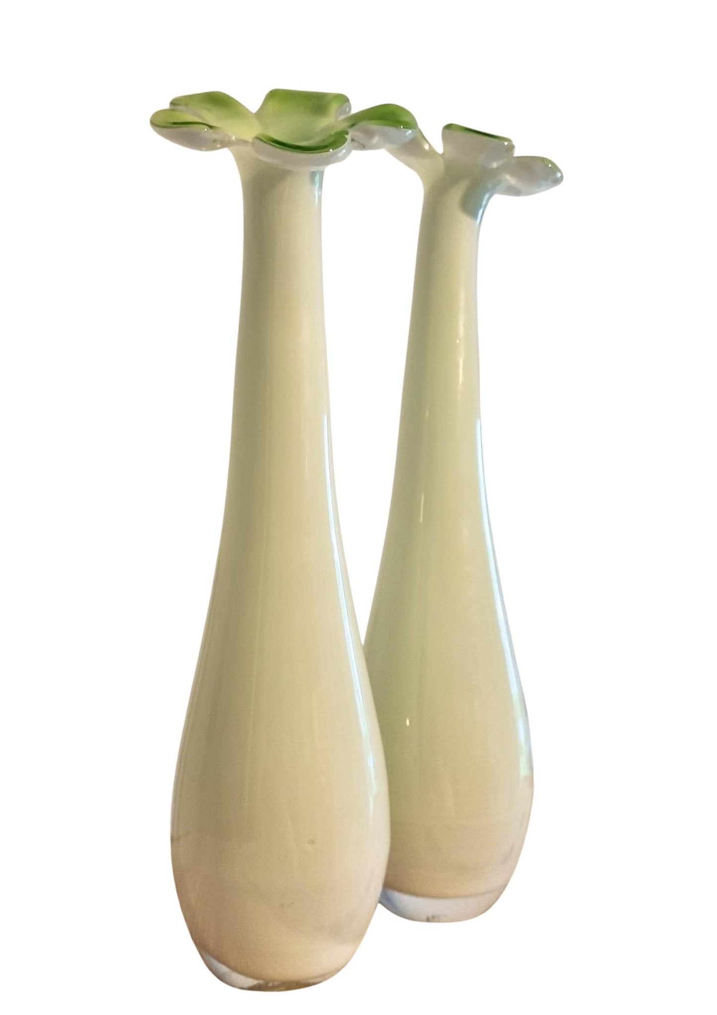 Handblown Swedish Glass Bud Vases: Pale Green Floral Scandinavian Decor with tall slender shape and flared tops