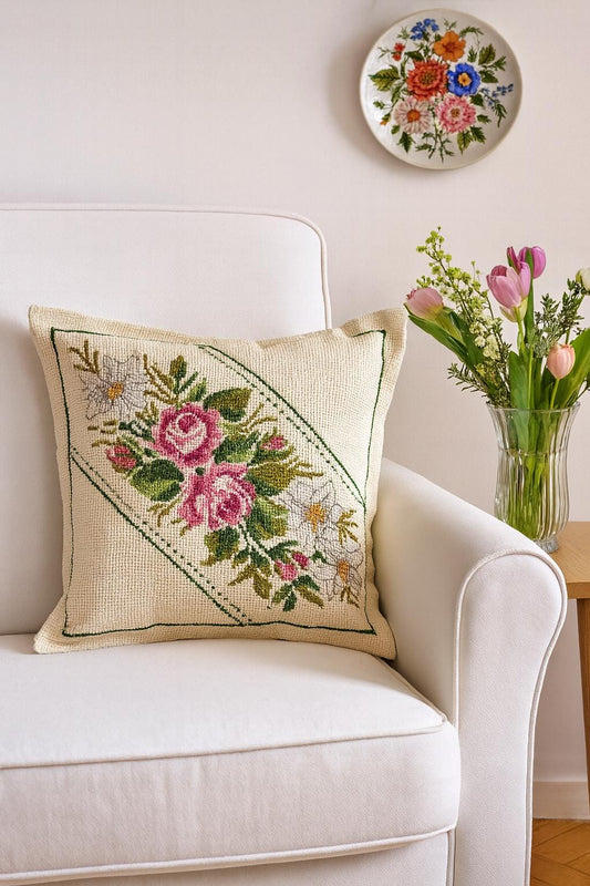 Vintage Hand Embroidered Pillow – Cross Stitch Cushion with Roses – Colorful Boho Home Decor