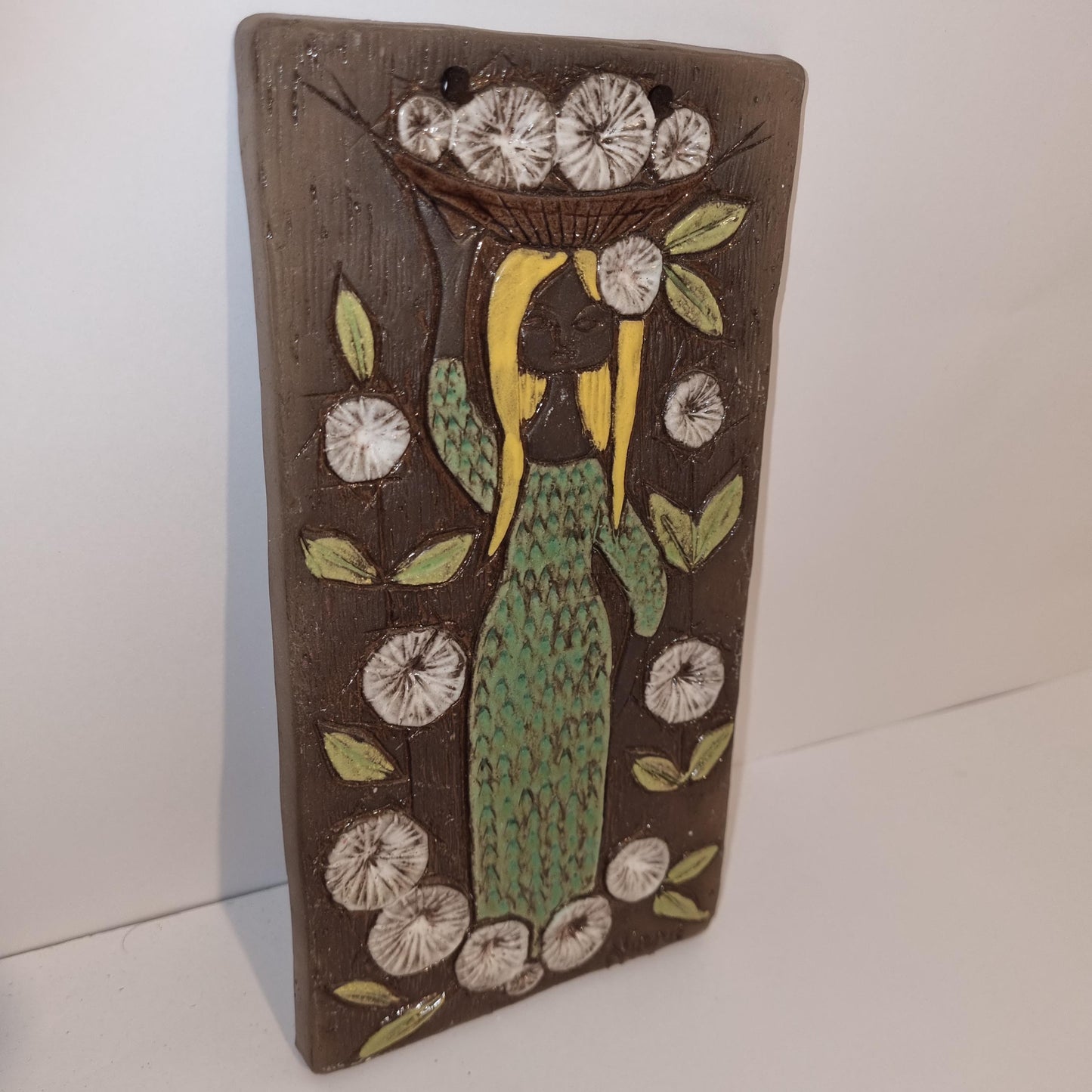 Ninnie Keramik Swedish Ceramic Wall Plaque – Mid-Century Modern Relief featuring a woman with a basket and floral motifs in earthy tones