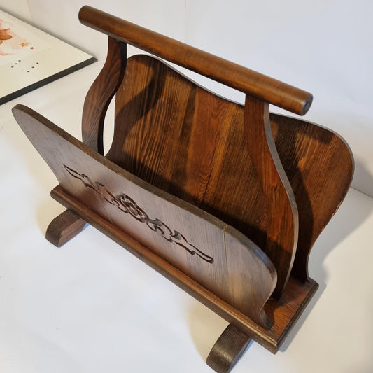 Vintage Floral Carved Wood Magazine Rack - Mid-Century Scandinavian Decor