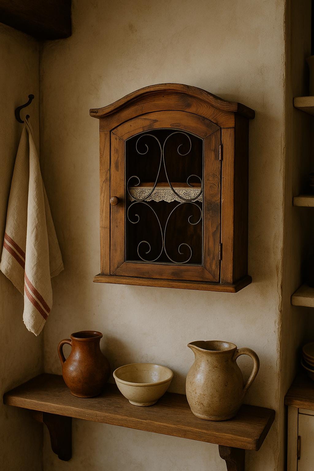 Antique Rustic Wood Wall Cabinet with Iron Door: Farmhouse Kitchen Storage