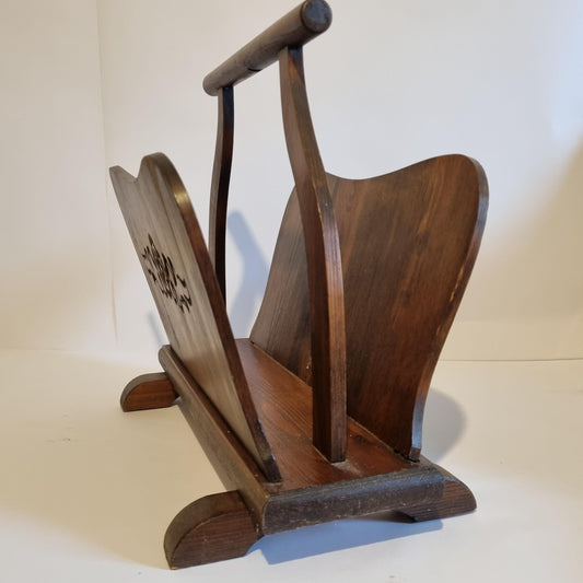 Vintage Floral Carved Wood Magazine Rack - Mid-Century Scandinavian Decor