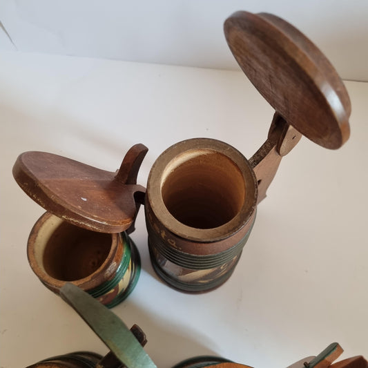 Vintage Kurbits Painted Wooden Tankard Set 4 – Hand-Painted Scandinavian Folk Art Decor Mugs