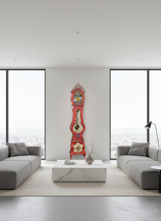 Red Hand-Painted Grandfather Clock: Ornate Vintage Floral Floor Clock