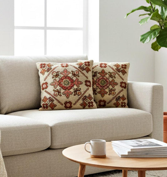 Folk Art Embroidered Cushion Covers – Rustic Boho Decor- Scandinavian Wool