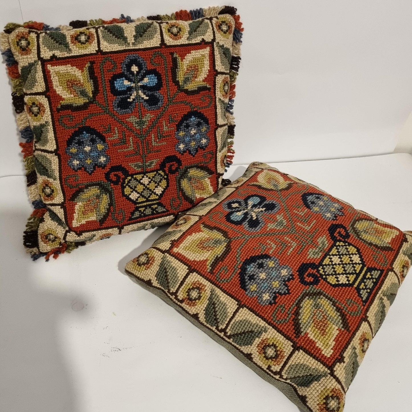 Folk Tapestry Cushion Covers – Vintage Boho Set of 2 – Rustic Embroidered Wool Pillows