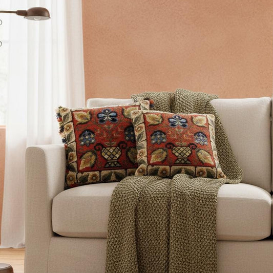 Folk Tapestry Cushion Covers – Vintage Boho Set of 2 – Rustic Embroidered Wool Pillows
