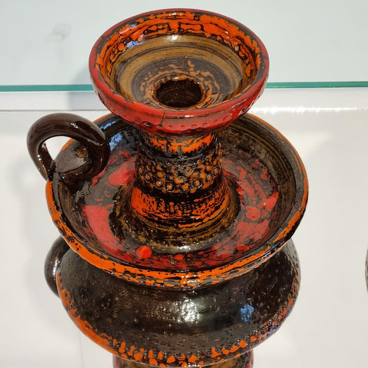 Mid-Century West German “Fat Lava” Pottery Set – Handcrafted Candlestick and Dish, 1960s, Brutalist Pottery