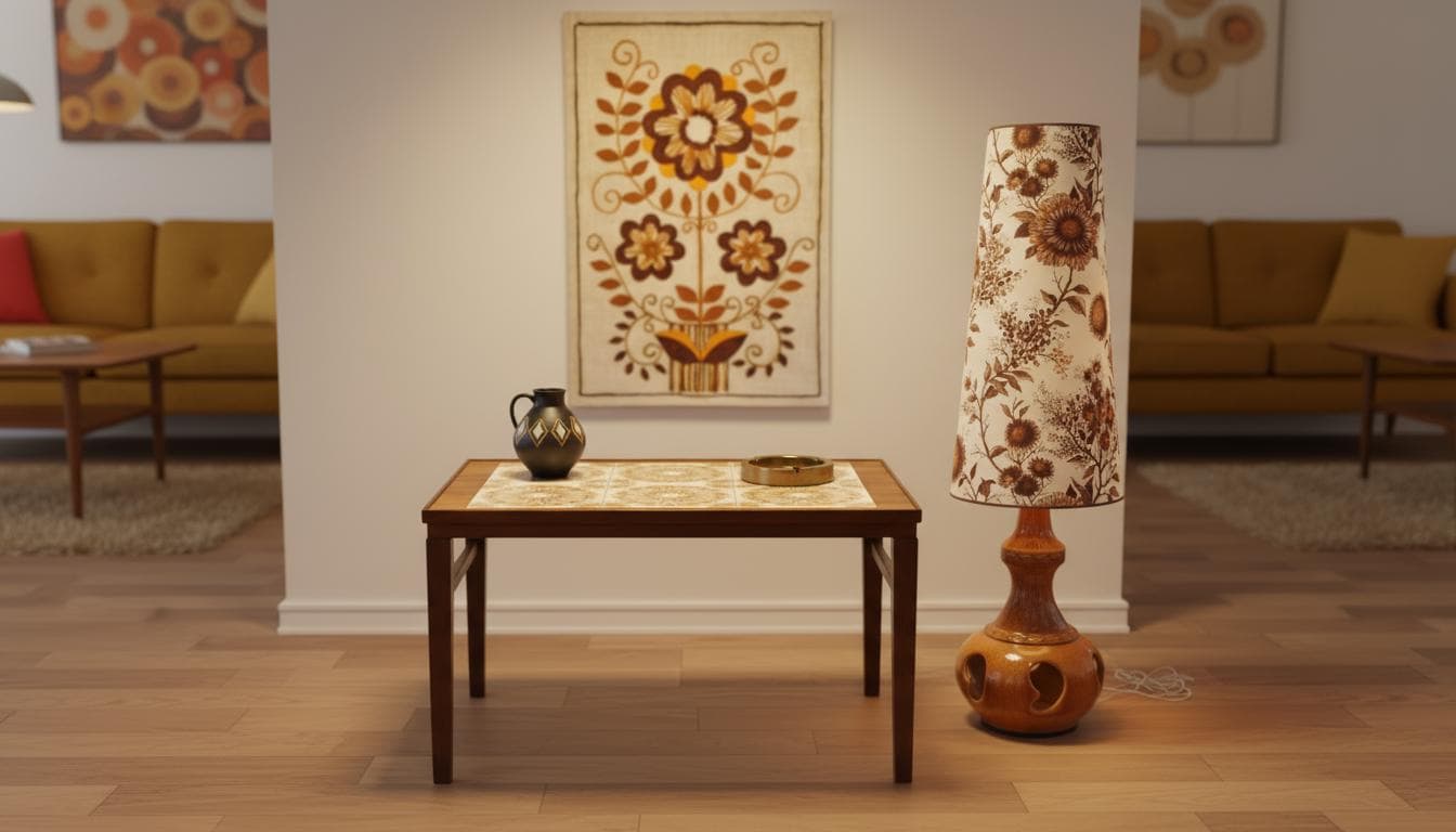 Vintage Danish Teak & Mahogany Coffee Table with Ceramic Tile Inlay – 1960s MCM in a mid-century modern living room setting.
