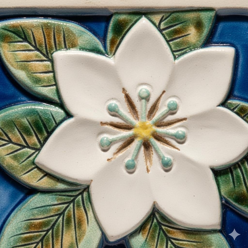 Swedish Ceramic Wall Plaque – Handcrafted Floral Relief, Signed, Mid-Century featuring detailed white flower and green leaves on blue background