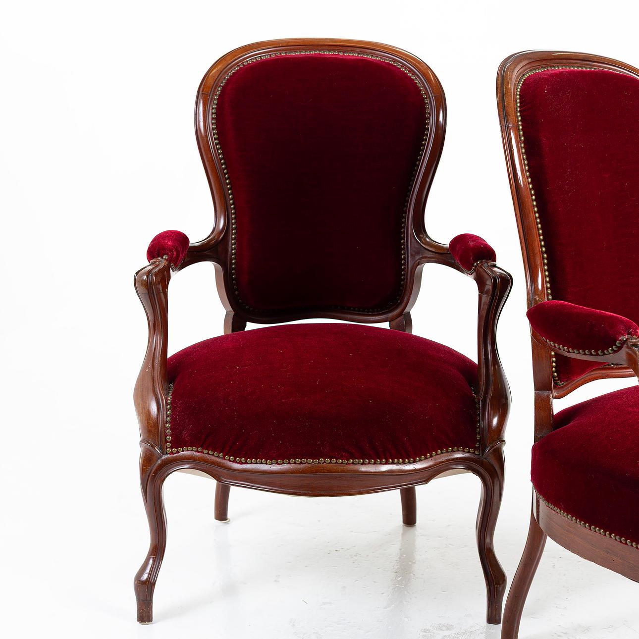 Vintage French Baroque Louis XV Armchairs – Rococo Revival Red Velvet Chairs